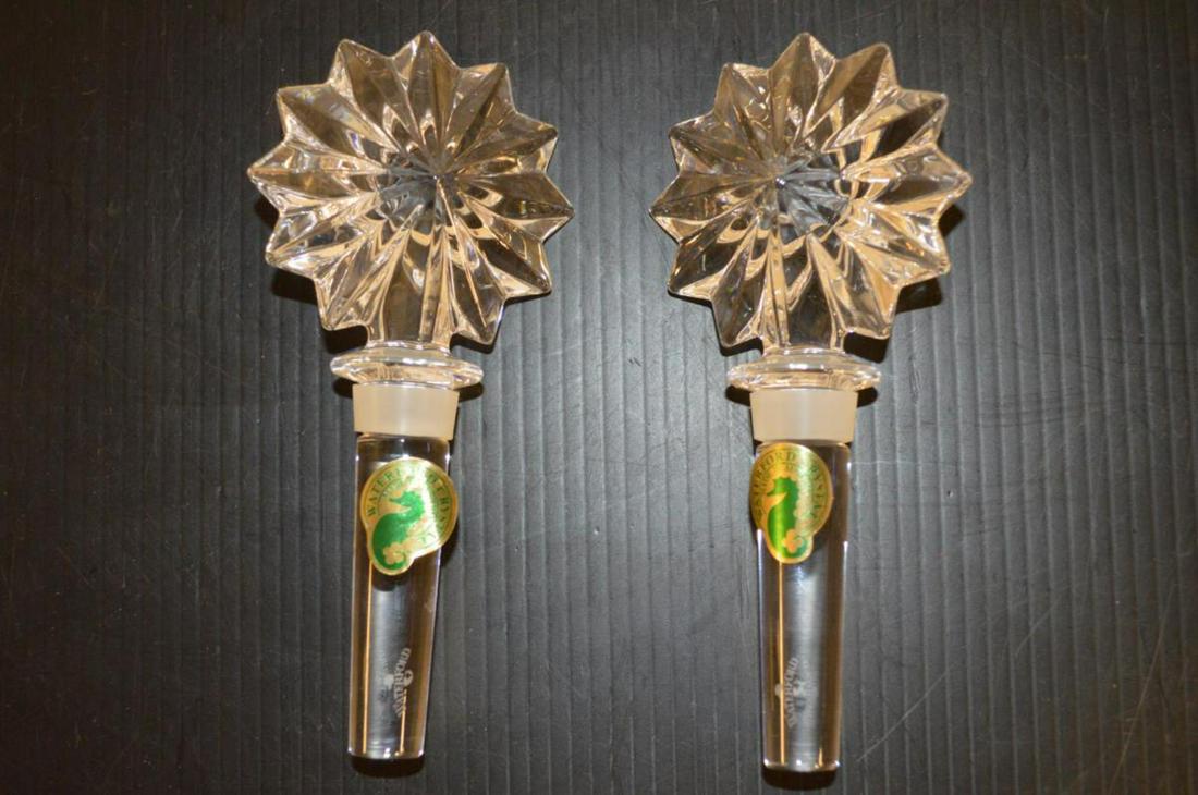 Waterford Cut Clear Crystal Star of Erin Stoppers: Waterford Pair of Cut Clear Crystal "Star of Erin" Bottle Stoppers in original Box with Green & Gold Foil Stickers. Acid etched iconic Waterford logo on each. Silicon sealing ring. New unused conditio
