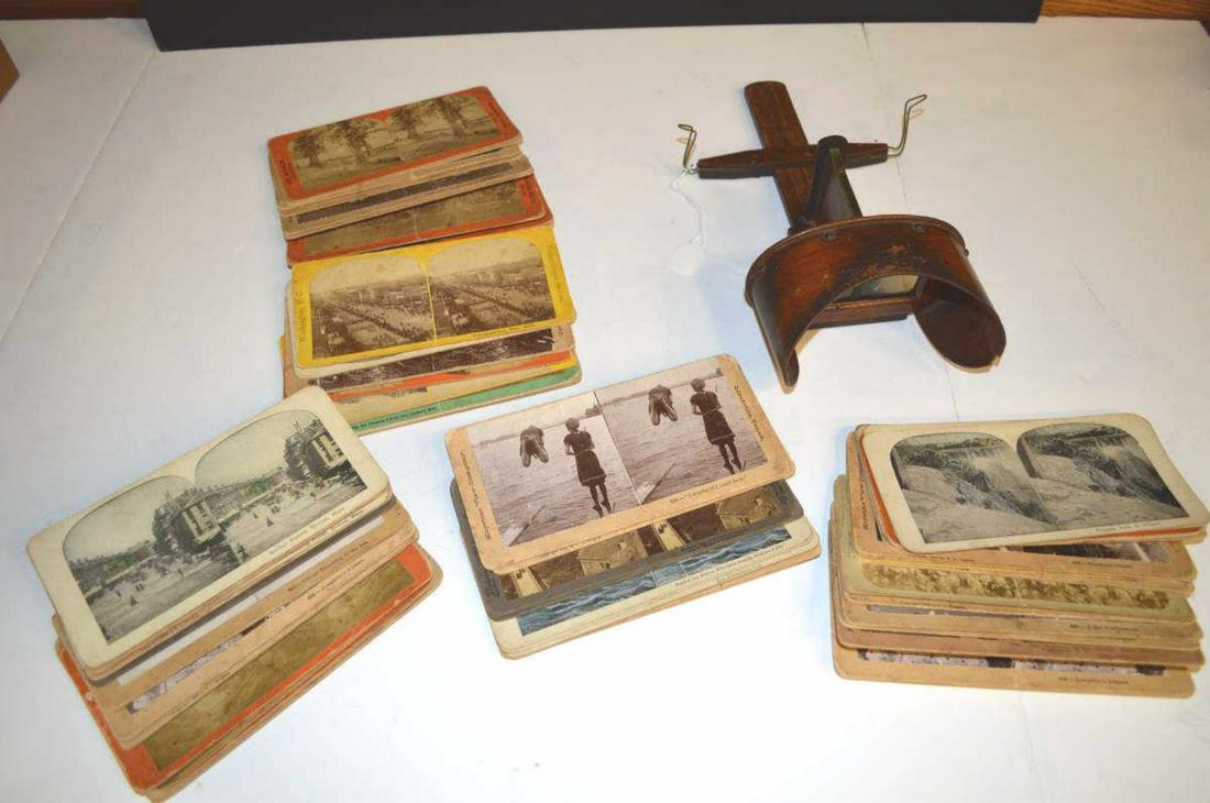 Antique Stereo View Finder With Cards: Antique Stereo View Finder With Cards. Poplar veneered view finder with approximately fifty viewing cards. Subjects include landscapes, genre scenes, political, architecture and even animals! Expected