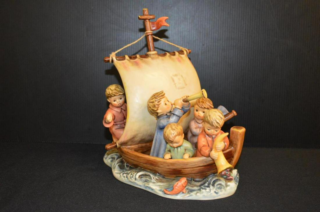 Hummel 1992 Quincentennial of America's Discovery: Goebel M.I. Hummel 1992 The Quincentennial of America's Discovery Limited Edition Boxed Figurine Titled "Land in Sight" Number 3696 of 30,000 Units. With COA. 9" tall & 9" long. Ribbon & matching meda