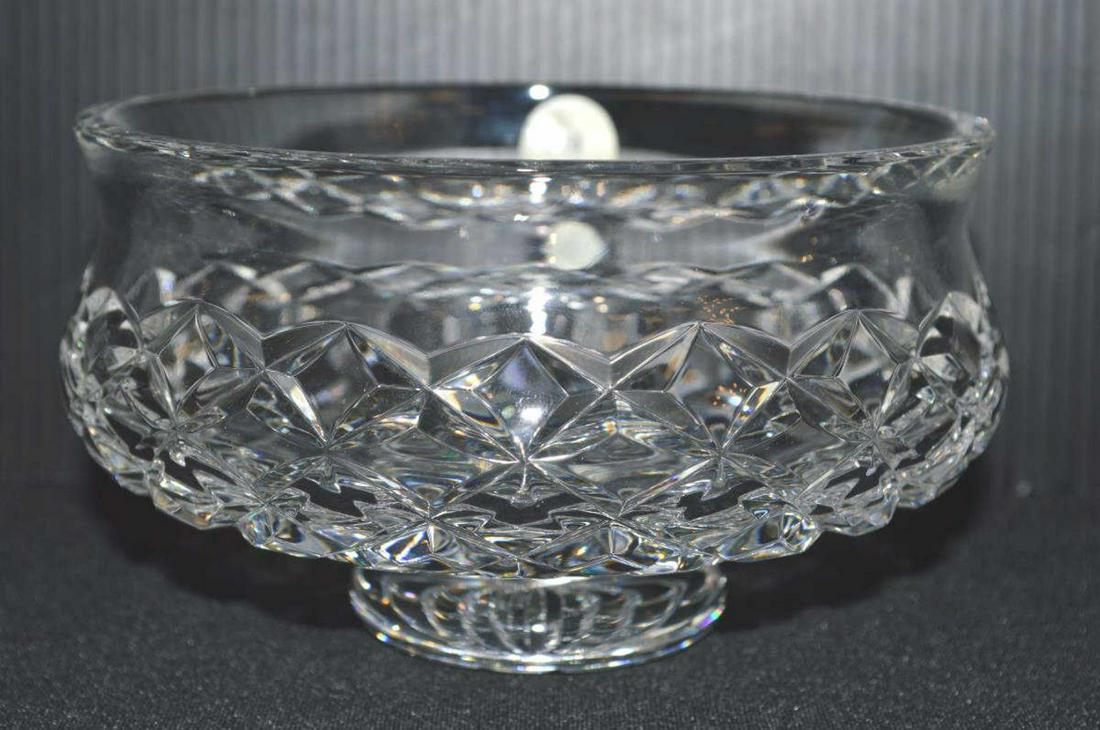 Waterford Cut Clear Crystal 5 1/2" Footed Bowl: Waterford Comeragh Cut Clear Crystal 5 1/2" Footed Bowl in Original Box with Green & Gold Foil Sticker. Flared Mouth. Made in Ireland.