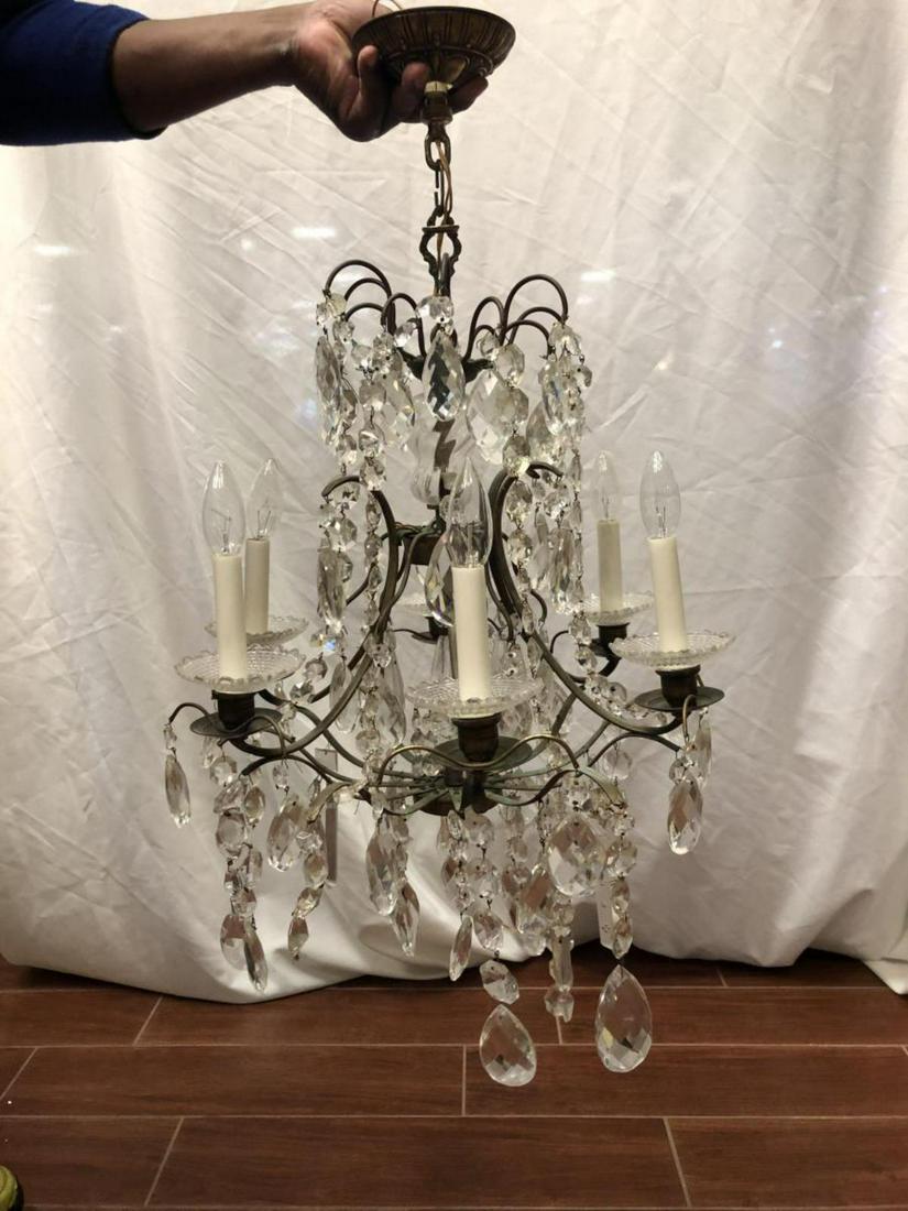 Vintage Copper & Glass Six Arm Chandelier 110 Volt: Vintage Copper & Glass Six Arm Chandelier 110 Volt Candelabra Base Size Bulbs. This great lighting fixture is approx 25" tall & 18" across. It is in good condition & is missing a few crystals. The uni