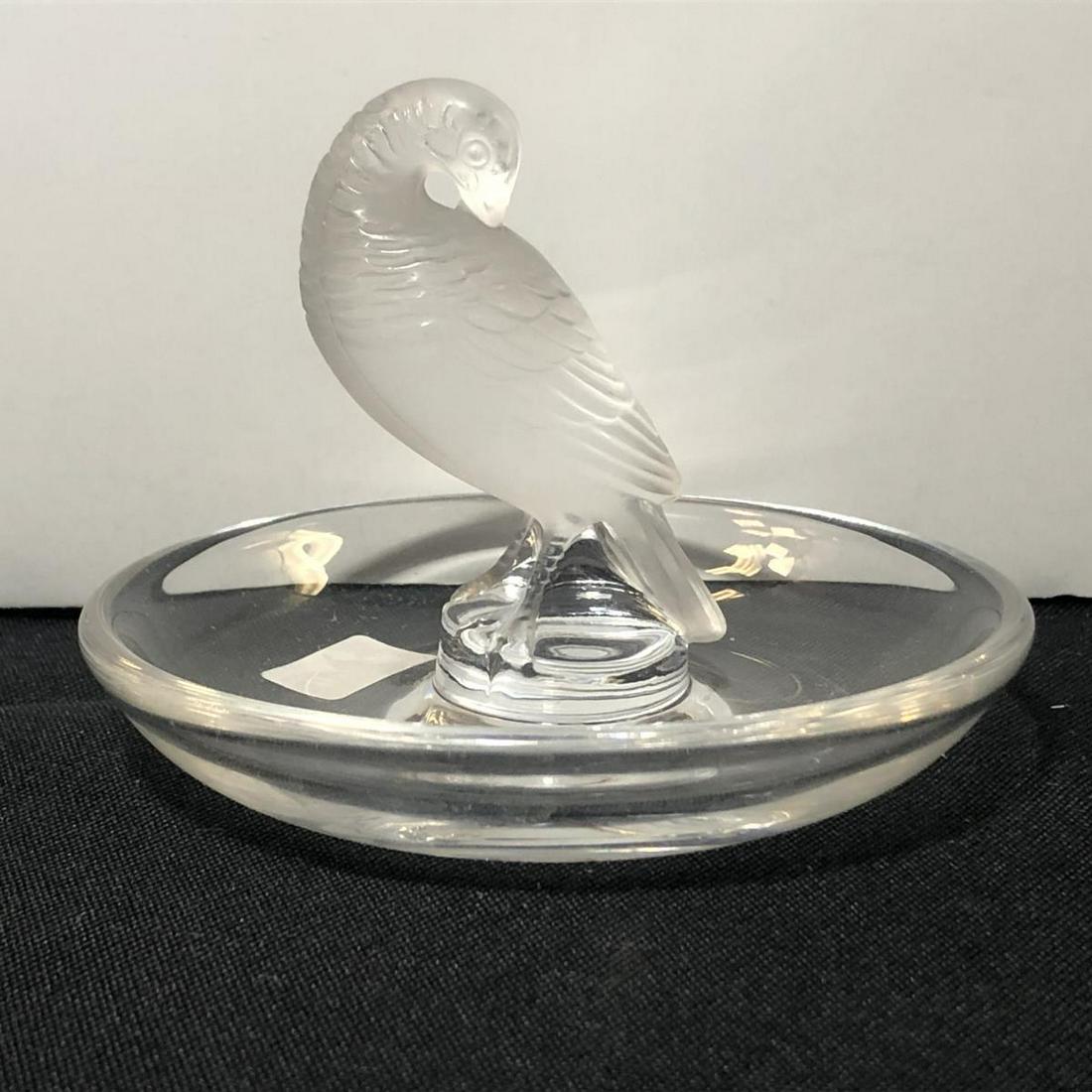 Lalique Ring Holder With Frosted Bird Engra: Lalique Ring Holder With Frosted Bird Engra. Lalique etching on bottom. Stands 3" tall.
