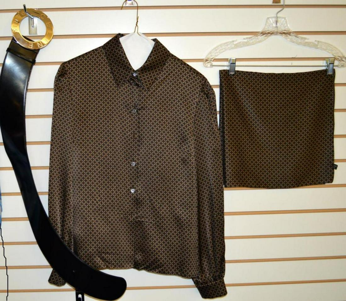 Celine Blouse, Matching Scarf, Belt And Scarf: Celine Blouse, Matching Scarf, Belt And Scarf. Silk blouse with crosshatched pattern, size 42, matching silk scarf, black leather belt with silver tone hardware and scarf in light blue.