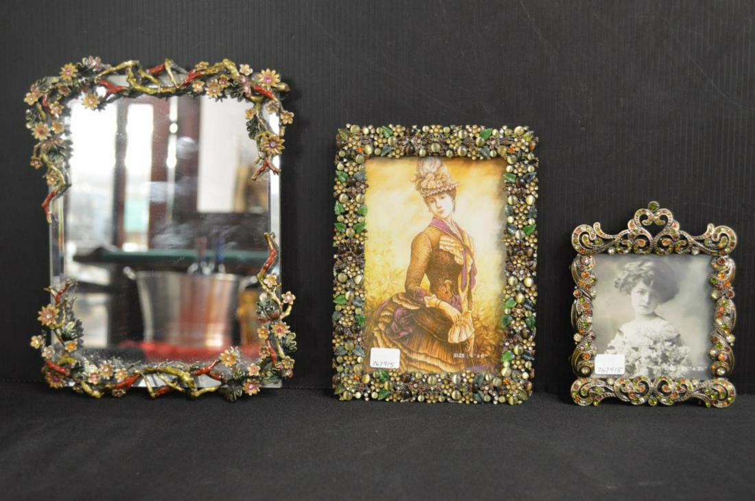 3 Tizo Jeweled & Enameled Picture Frames & Mirror: Trio of Tizo Jeweled & Enameled Picture Frames & Mirror. This listing will include one 3 1/2" x 3 1/2" picture frame & one vertically oriented frame of 4" x 6" & a dresser or desk top mirror, 6" x 8".