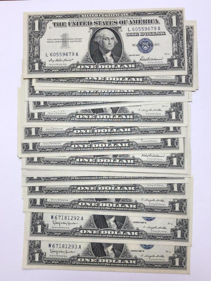 25 $1 Silver Certificates in Crisp Uncirculated CU: 25 $1 One Dollar Silver Certificates in Crisp Uncirculated condition. Mostly Series 1957 and 1957-B, these notes have crispness to them, and are in Uncirculated condition.