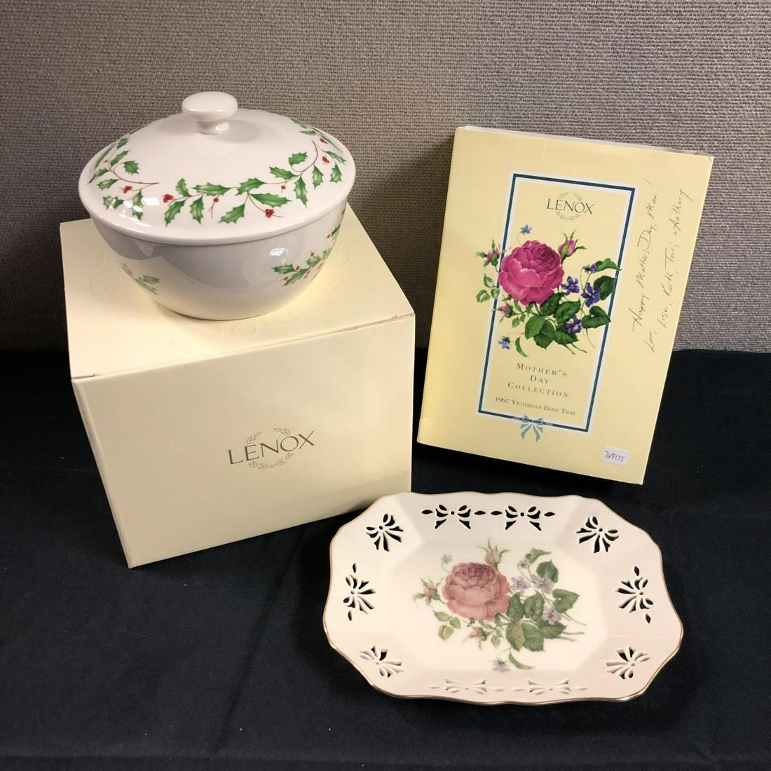Lenox Collection Mothers Day Tray & Xmas Bowl: Pair Of Lenox Collection. Mother's Day Collection 1997 Victorian Rose tray. Comes with box. Lenox Dimension Collection Holiday Bowl. Comes with box.