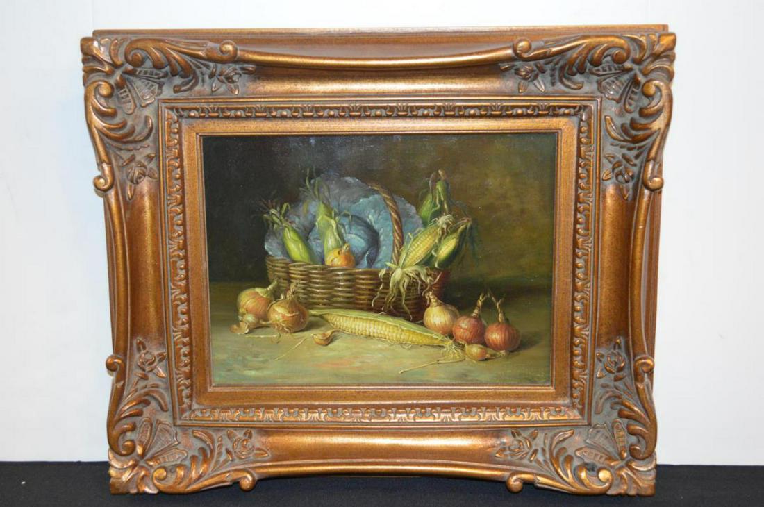 Vegetable Still Life Painting Heavy Ornate Frame: Vegetable Still Life Painting With Heavy Ornate Gold Frame. This great oil painting of a basket with corn, cabbage & onions is on a 16" x 12" canvas. Signed bottom right. The wood frame is 24 3/4" x 2