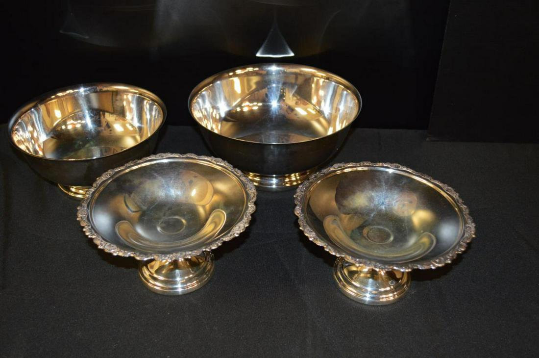 Lot Of Silver Plate Pieces: Lot Of Silver Plat Pieces. Total of four pieces in the lot. Consists of 2 Gorham Fruit Bowls. First bowl stands 4 1/4" tall and measures 9" across. Second bowl stands 3 3/4" tall and measures 8" acros