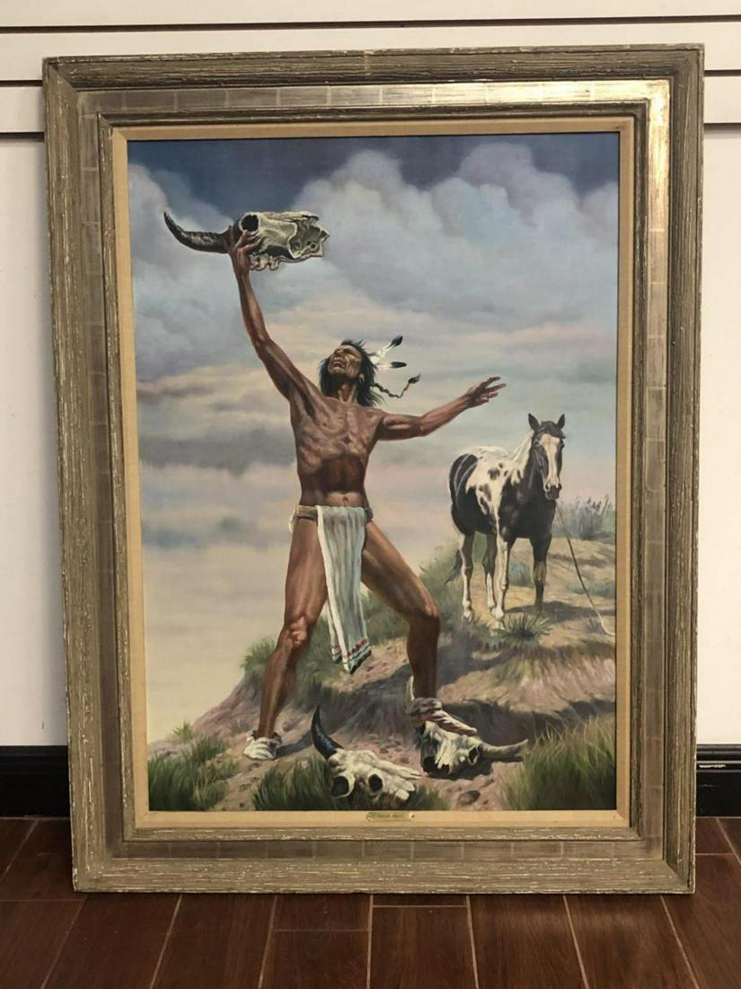 Gregory Perillo Original Oil "Native Indian": Gregory Perillo Original Oil on canvas "Indian Holding Skull" Framed. This original features a Native American Indian holding a skull to the sky, with his horse in the background. Housed in a distress