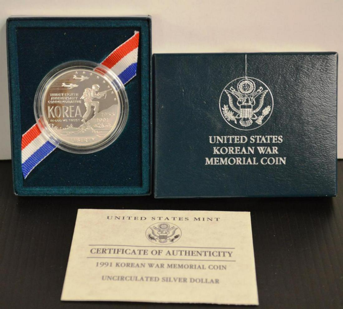 1991 Korean War Memorial Silver $1 Uncirculated: 1991 Korean War Memorial Silver $1 Uncirculated, original box and mint papers