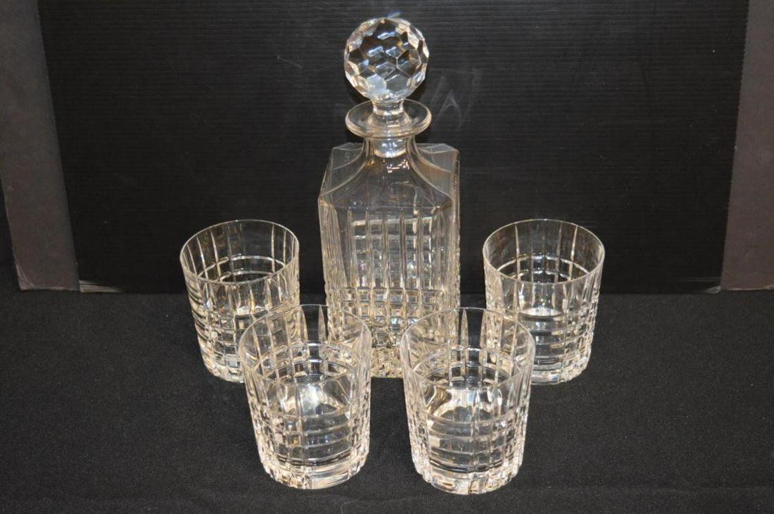 Tiffany Plaid Decanter & Old Fashioned Glasses: Tiffany Plaid Pattern Decanter & Double Old Fashioned Size Glasses. Gorgeous cross cut classically designed crystal barware. The 4-glasses are 3 5/8" tall & 3 1/4" diameter, Included with theses glass
