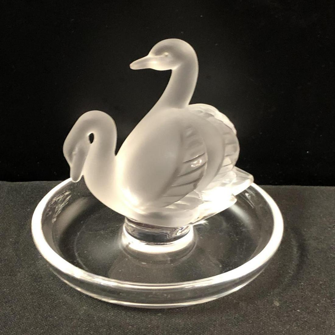 Lalique Crystal Double Swan Ring Holder: Lalique Crystal Double Swan Ring Holder. Stands 3" tall. Lalique etching on the bottom of the holder.