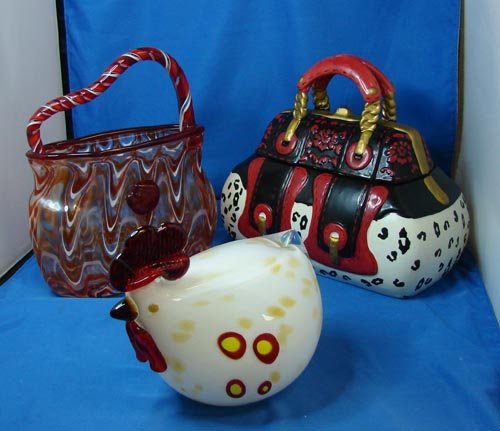 5 pcs. Rooster, glass purse, pocketbook: Hand blown glass chubby rooster - 7 1/2" long, 6 1/2" tall, whimsical glass purse 8" long x 10"; ceramic pocketbook cookie or cracker (or just junk) jar by YuYu; no chips or cracks that we see, red ir