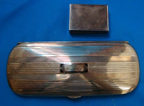 Vintage Gold Eyeglass Case & Pill Box: Vintage 14kt gold eyeglass case, lined with blue velvet 5" long and a pill box 1 1/2" long, also 14 kt.