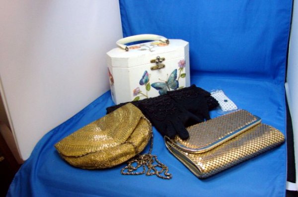 Vintage Bakelite & Beaded Bags - Lot of 4: Vintage Annie Laurie Bakelite pocketbook decorated w/butterflies, a black beaded bag with matching gloves, gold mesh bag, gold DeLill beaded bag, and 2 pearl cuff bracelets