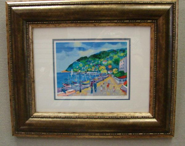 Framed Francois Gilot Lithograph: Framed under glass Francois Gilot Lithograph, of a harbor scene, ltd. ed. 132/250, 23 x 19" framed. Françoise Gilot is one of the most enduring artists of the post World War II School of Paris."