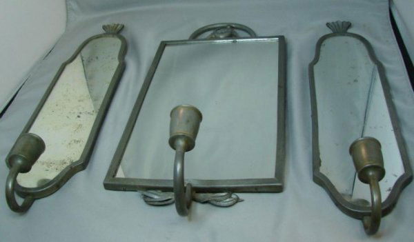 Antique Svensk Tenn Pewter Art Deco mirror+++: Antique Svensk Tenn, noted Swedish designers, Pewter Art Deco Mirror & 2 Sconce candle holders. Mirror is 10" x 6 1/2".