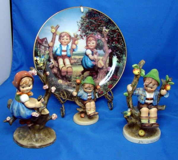 Vintage Hummel Apple Tree Boy and Apple Tree Girl, : Vintage Hummel Apple Tree Boy and Apple Tree Girl, full bee mark on girl, both approx. 6" tall, small Apple Tree Boy 4" tall and "Little Companions" Apple Tree Plate by Danbury Mint.
