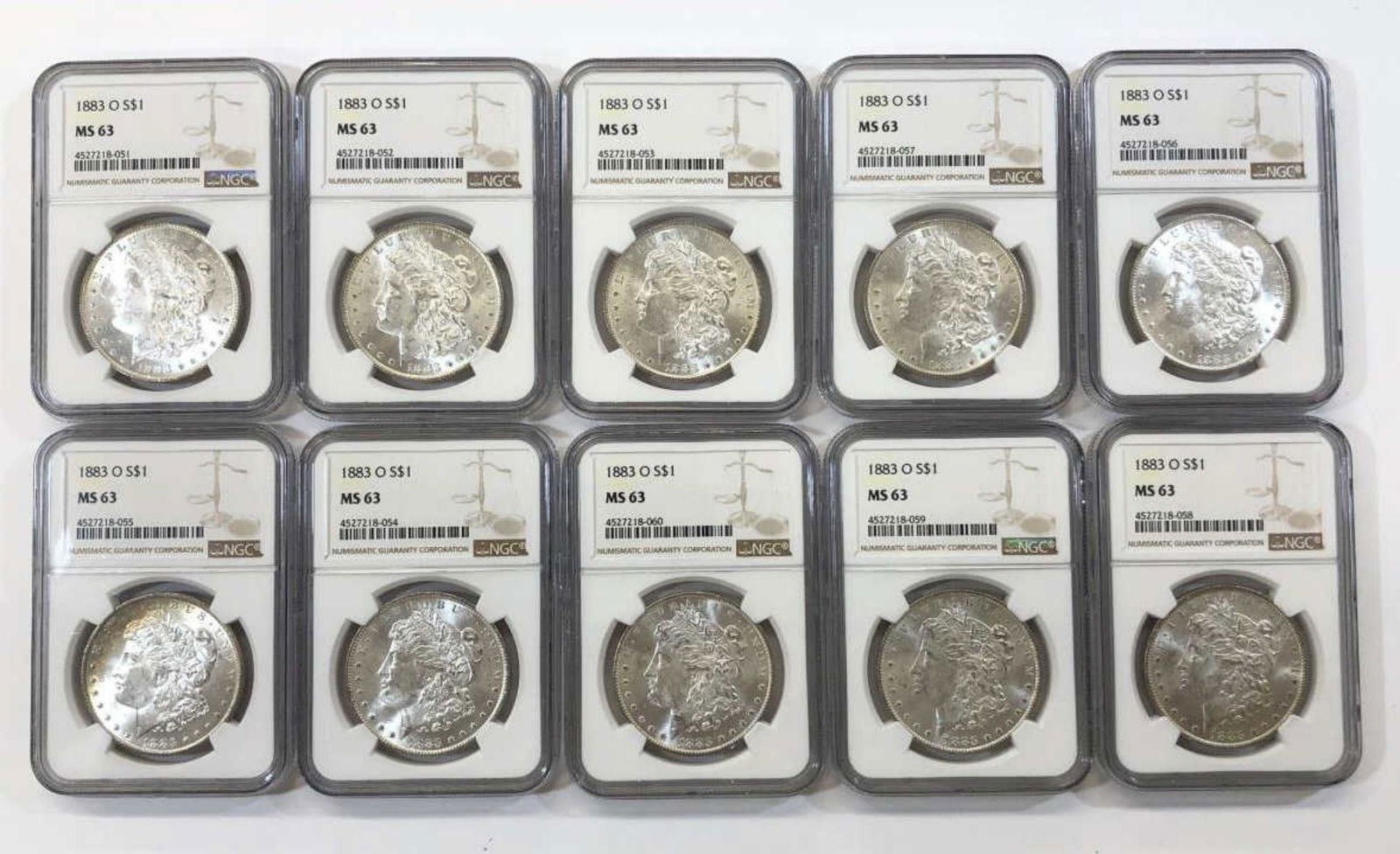 Dealer Lot of 10 1883-O Morgan Silver $1 NGC MS63 (1 of 2)