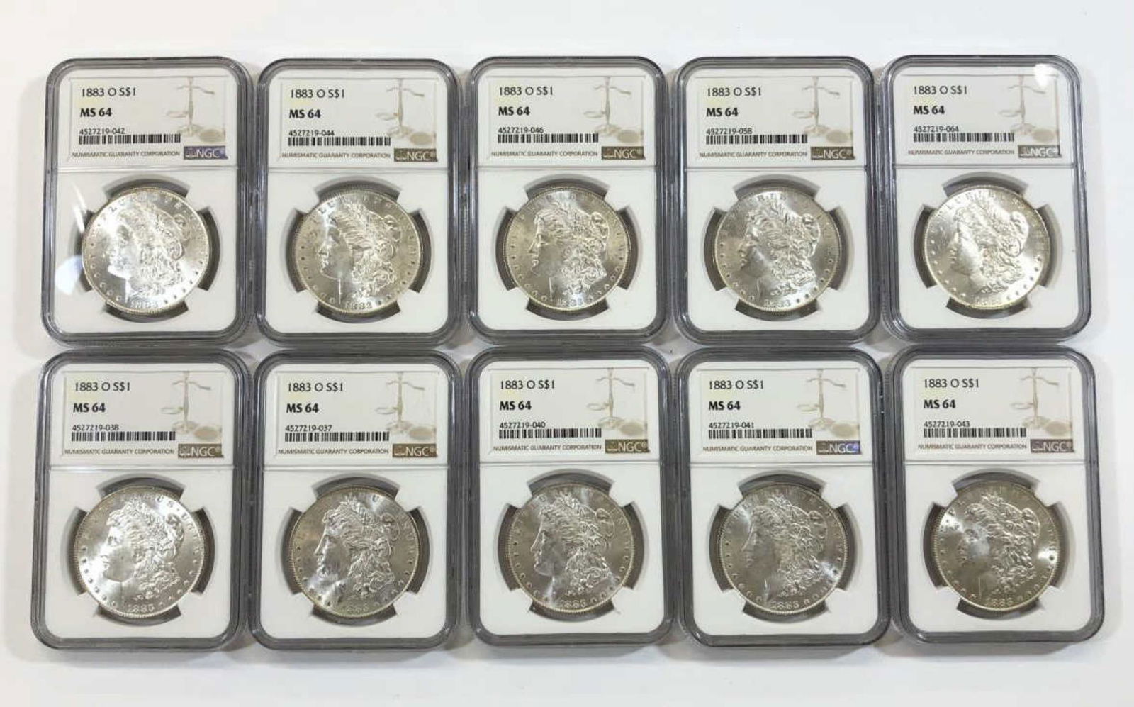 Dealer Lot of 10 1883-O Morgan Silver $1 NGC MS64 (1 of 2)