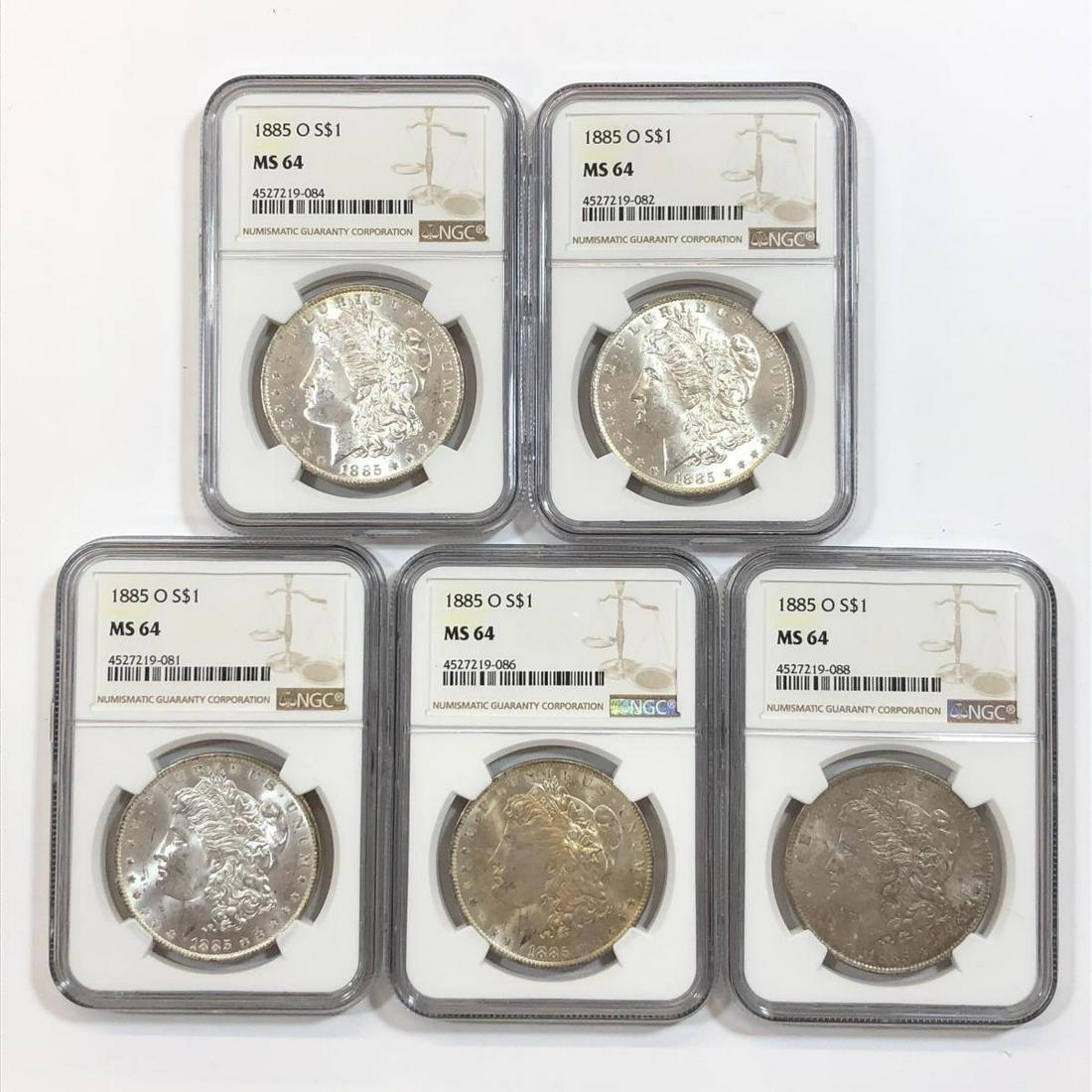 Investor Lot of 5 1885-O Morgan Silver $1 NGC MS64 (1 of 2)