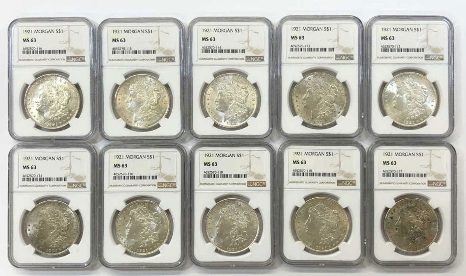 Dealer Lot of 10 1921 Morgan Silver $1 NGC MS63 (1 of 2)