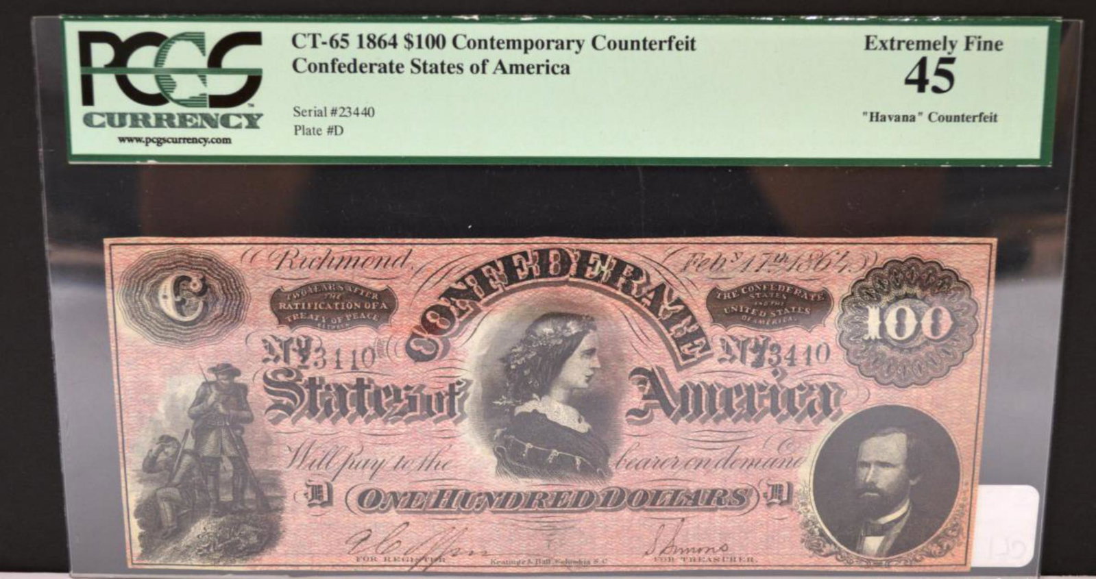 $100 Confederate States Havana CT-65 PCGS XF45: PCGS CT-65 $100 Contemporary Counterfeit Confederate States Of America. XF 45 Havana Counterfeit
