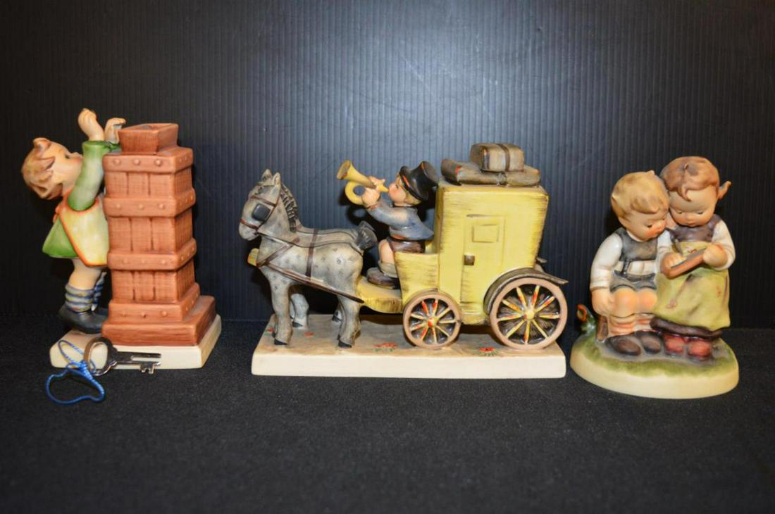 Lot Of Hummel Figurines: Lot Of Hummel Figurines. Total of 3 figurines in the lot. Consists of The Mail Is Here #226 Tmk 4. Stands 4 1/4"x6. Little Thrifty Bank #118 Tmk 6. Stands 5 1/4" tall. Smart Little Sister #346 Tmk 5 S