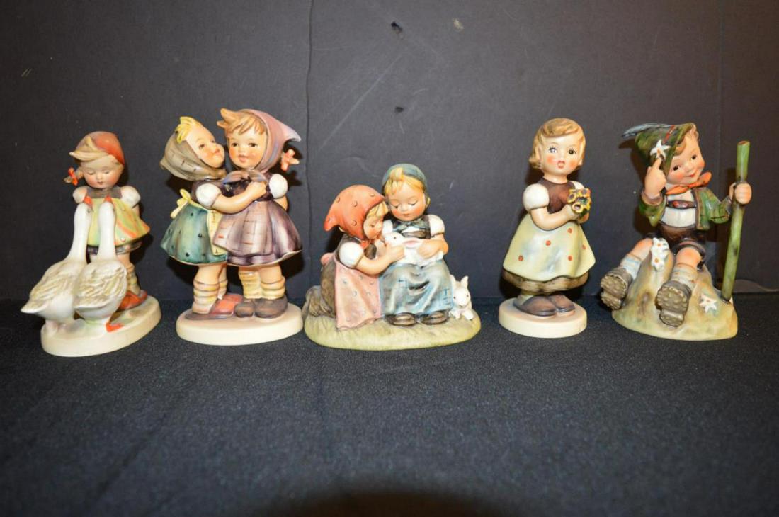 Lot Of Hummel Figurines: Lot Of Hummel Figurines. Total of 5 figurines in the lot. Consists of Goose Girl #47/0 Tmk 3. Stands 4 3/4" tall. Mountaineer #315 Tmk 5. Stands 5" tall. For Mother #257 Tmk 5. Stands 5" tall. Easter 