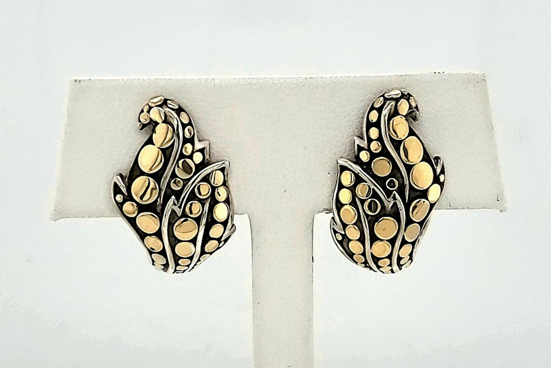 John Hardy Sterling & 18kt Dot Ayu Leaf Earrings: Ladies John Hardy sterling silver and 18kt Dot Ayu Leaf earrings featuring a freeform leaf design with hinged backs and accented with a yellow gold dot pattern. Length approx. 1". Weight 12.8 grams