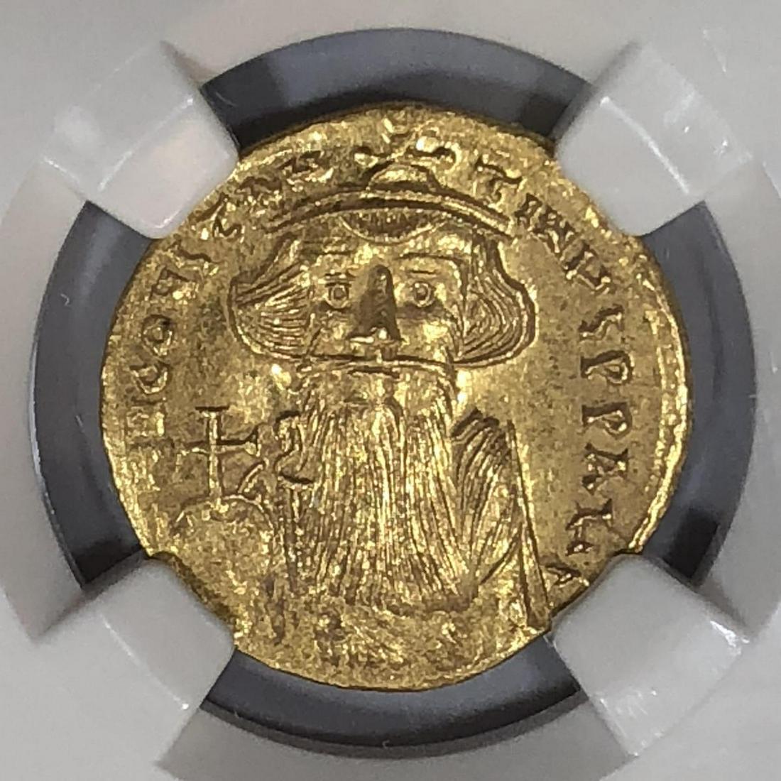 Byzantine Constans II AV Solidus Gold NGC MS: Byzantine Empire Constans II AV Solidus Gold, AD 641-668, obverse bust with long beard, reverse cross potent on steps, graded NGC Mint State Strike 4/5 Surface 3/5 2400955-005
