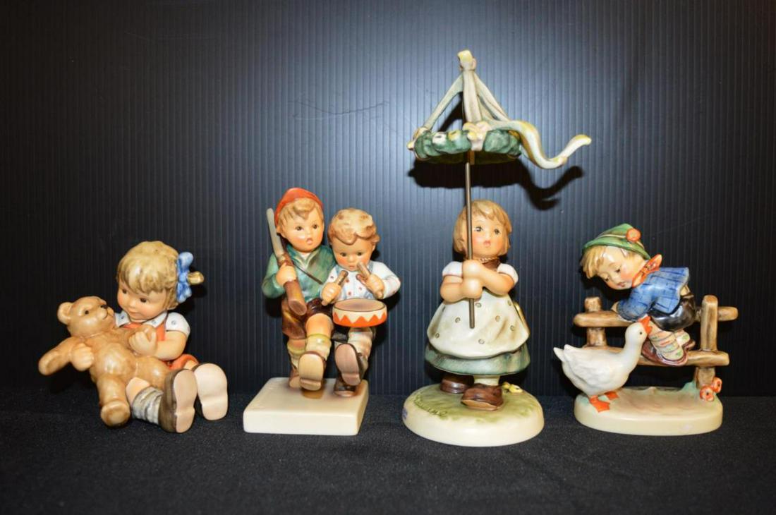 Lot of 4 Hummel Goebel Figurines in Boxes & COA's: Lot of 4 Hummel Goebel Figurines in Boxes & COA's. Includes-- May Dance #1574 Hum 791 TMK-8, 7" tall. Teddy Tales Hum 2155 TMK-8, 3.5" tall. Volunteers #371 Hum 50/2/0 limited edition 304 of 5000 TMK-
