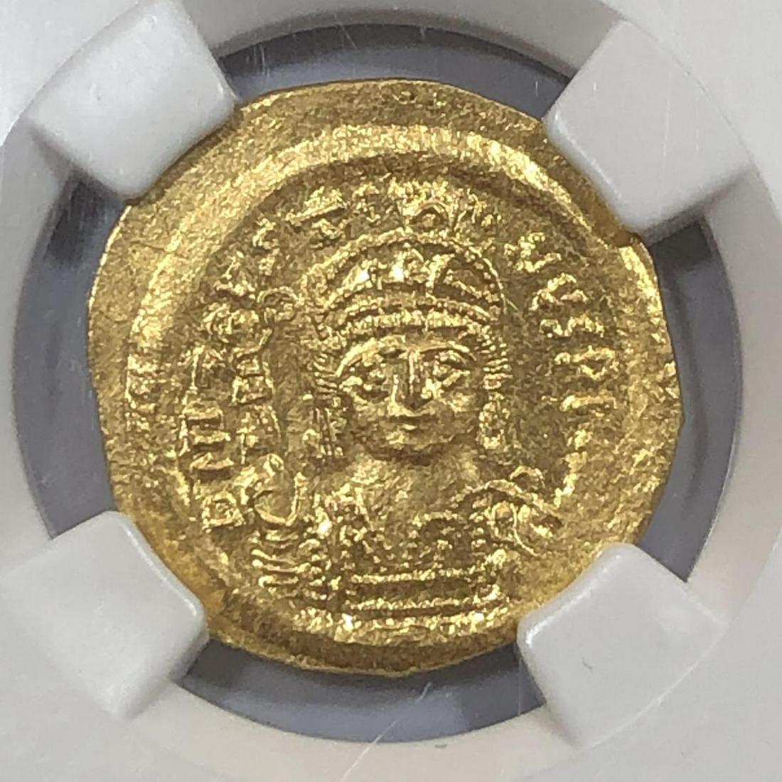 Byzantine Justin II AV Solidus Gold NGC MS: Byzantine Empire Justin II AD 565-578 AV Solidus Gold, reverse Constantinopolis, graded NGC Mint State 2400235-048