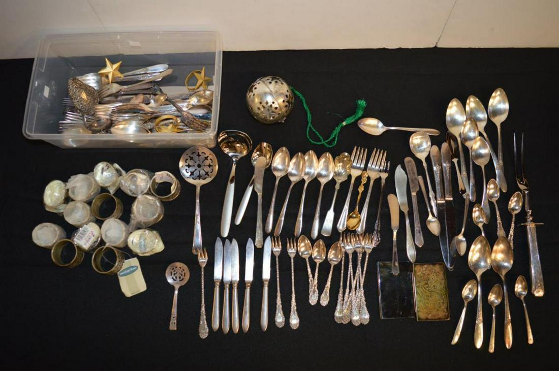 Group of Silver Plate Items: Group of Silver Plate Items. Miscellaneous flatware, napkin rings, card cases including Tiffany and a mistletoe holder.