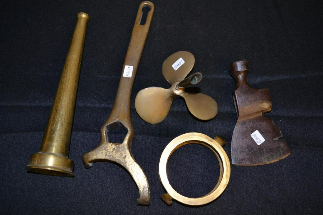 Lot of Vintage Fireman Pieces: Lot of Vintage Fireman Pieces. All in brass and metal and including a fire hydrant wrench, 1 1/4" to 12 3/4"l.