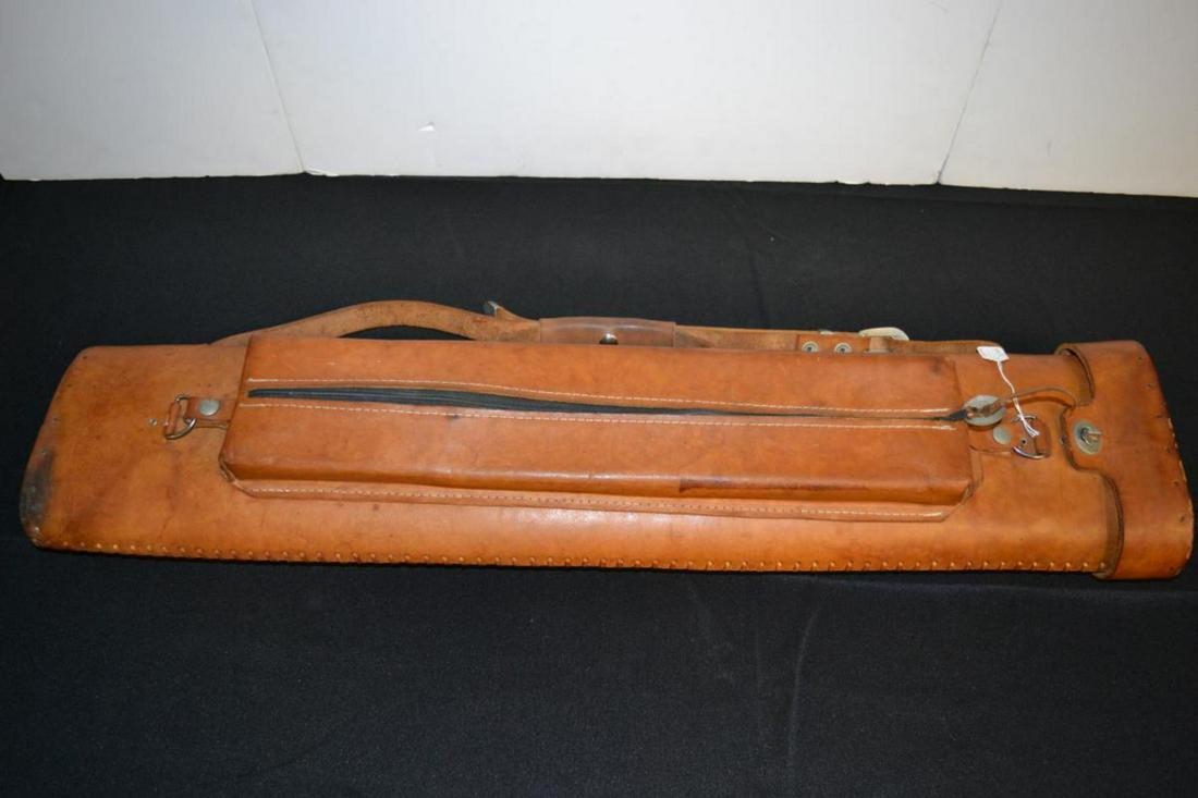 Joe Sanko Autographed Leather Pool Cue Case: Joe Sanko Autographed Leather Pool Cue Case. Designed to fit two butts & 4 tapers. Detachable zipper compartment. Adjustable carry strap. Signed in ball point pen "Joe Sanko10-95 #8 on butt of case. L