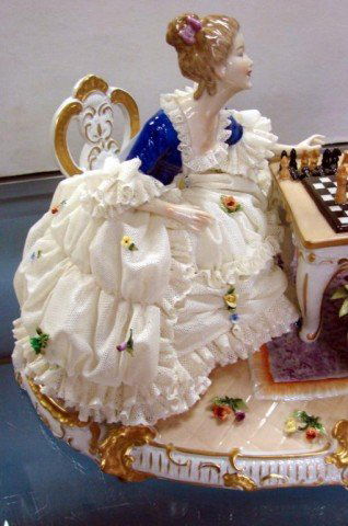 Court Figurine Playing Chess w/Dresden Lace - 2