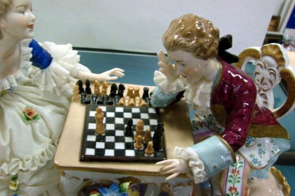 Court Figurine Playing Chess w/Dresden Lace - 3