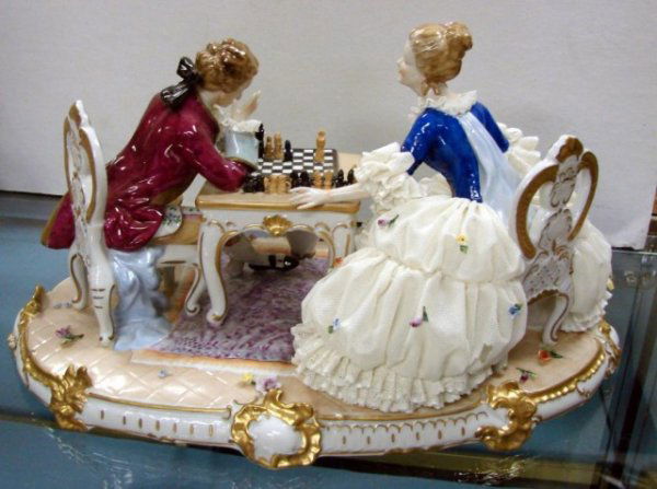 Court Figurine Playing Chess w/Dresden Lace - 5