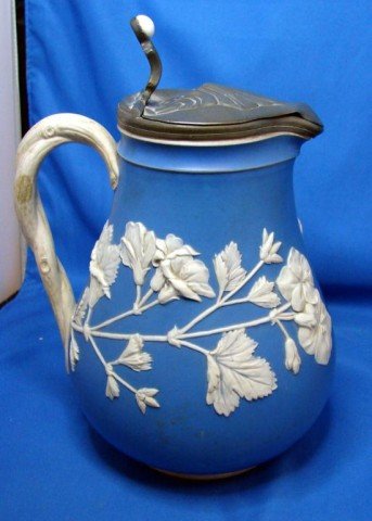 Antique Jasperware Pitcher circa 1870: Antique Jasperware Pitcher circa 1870, no mark on bottom so we do not know manufacturer; purchased from an Antique Delaer in London in 1972.