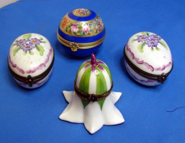 4 Limoges Porcelain Boxes, all signed: Lot of 4 Limoges porcelain boxes, all signed, matching oval eggs are about 2 1/4" long, cobalt round box has gold trim with hand painted flowers and a flower on the inside; no chips or cracks.