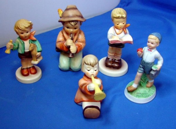 4 Hummel Figs: Shepherd, Boy w/Horse, Angel ++: Four Hummel Figurines - Shepherd Boy - Little Tooter (signed), Angel with Trumpet, Boy with Horse, TMK5, and a Members Only #2087B from the 2001 Year; also a little Norman Rockwell boy with apple; no 