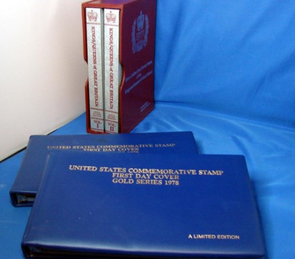 3 Stamp Albums - 40 Gold Plates & Covers