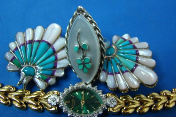 Turquoise & Mother of Pearl Earrings & Ring: Turquoise & Mother of Pearl Earrings & Ring and a Lady's Pulsar Watch.