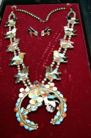Signed Turquoise, Coral & Mother of Pearl Necklace: Signed Turquoise, Coral & Mother of Pearl Necklace decorated with birds and matching bird earrings (clip back); signed by Wesley & Ela Gia, may be Zuni, in original Saks Fifth Avenue Box.
