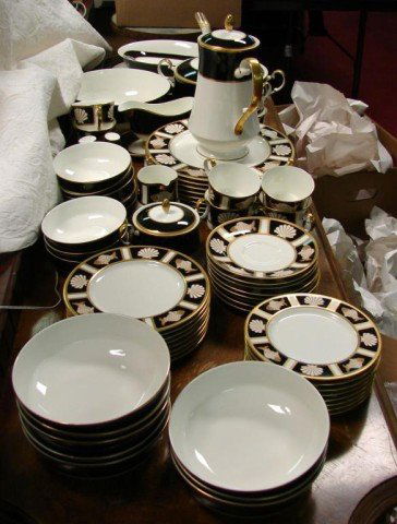 Mikasa Fish & Shell Onyx Dinnerware Svc. for 8: Mikasa Bone China Fish and Shell Onyx pattern, A6701, designed by Cathy Hardwick. 12 each: dinner plates, lunch or salad & bread & butter plates, soup or salad bowls, dessert bowls, cups & saucers, 1
