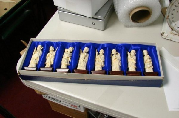 8 Ivory Immortals - Chinese Figurines: 8 Ivory Immortals - Chinese Figurines, may be whale or bone ivory, in satin lined box. Not sure of age. 5" tall including plinth.