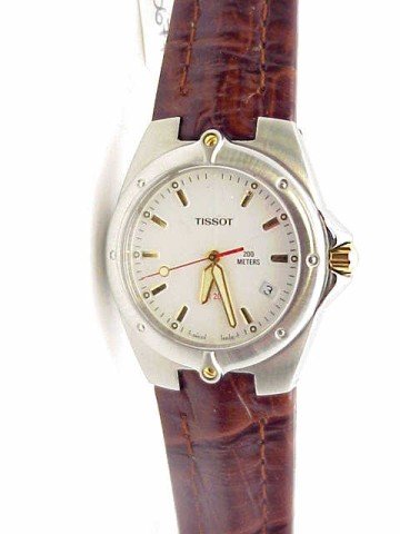 Tissot watch swiss movement white dial: For man or woman this Tissot swiss made watch has white stick dial, sapphire crystal, swiss quartz movement and grained brown leather band.