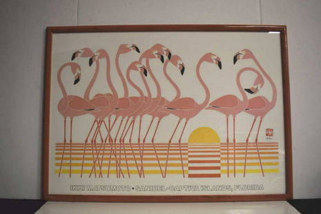 Ikki Matsumoto Sanibel-Captiva Print: Ikki Matsumoto Sanibel-Captiva Print. Depicting a row of flamingos in front of a sunset, in a pink lacquered frame, 22 1/2"h. 31 1/2"w.