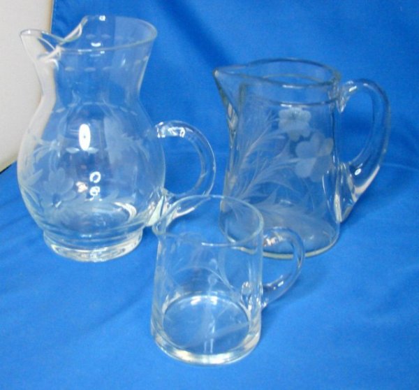 3 Vintage Etched Glass Pitchers